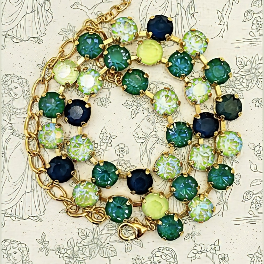 Green Matcha Sponge Premium Crystals In 18k Classic Gold Plated Tennis Necklace